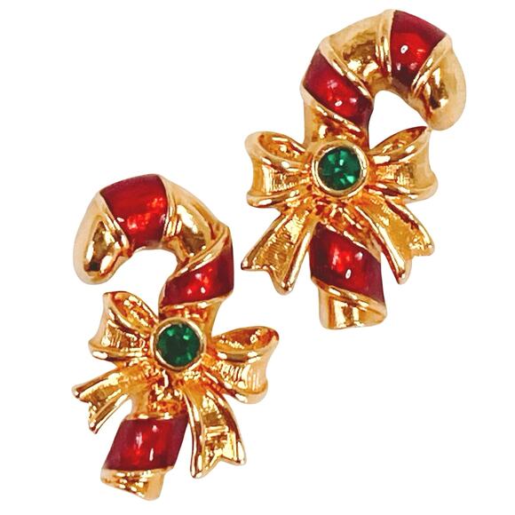 VTG Avon Signed Christmas Candy Cane Earrings Gold Tone Red Enamel Green Stone - Picture 1 of 10